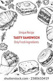 Hand drawn frame with sandwiches. Menu design template. Sandwich sketches. Unique recipe. Hand drawn vector illustration