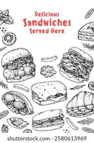 Hand drawn frame with sandwiches. Menu design template. Sandwich sketches. Unique recipe. Hand drawn vector illustration