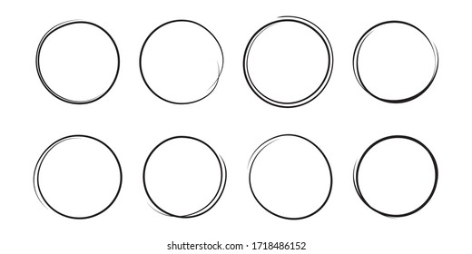 Hand drawn frame, scribble circles set. Doodle ink sketch round note design elements