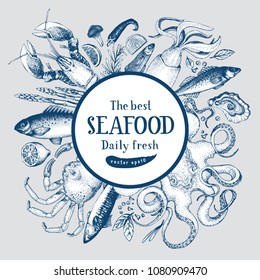 Hand drawn frame with seafood and fishes. Vector background for design menu, packaging, recipes, label, fish market, seafood products. Hand drawn vintage illustration. Food banner template.