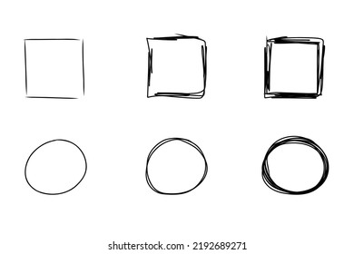 Hand drawn frame set. Doodle highlight square rectangle ovals. Marker doodle sketch. Highlighting text and important objects. Round scribble frames. Stock vector illustration on white background.