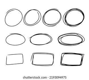 Hand drawn frame set. Doodle highlight square, rectangle, ovals. Marker scrawl doodle sketch. Highlighting text and important objects. Round scribble frames. vector illustration on white background.
