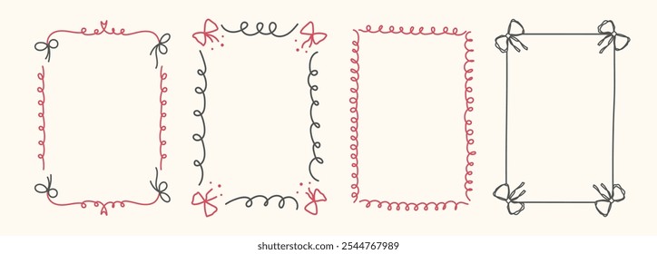 Hand Drawn frame set with doodle bows, ribbons. Whimsical line borders for birthday, christmas, wedding Invitations. Coquette bow set. Vintage minimalist elements in trendy line art style. Vector illu