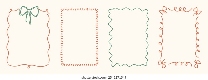 Conjunto de marco dibujado a mano con arcos doodle, cintas. Fronteras de línea caprichosas para cumpleaños, Navidad, boda. Conjunto de lazo Coquette. Elementos minimalistas de Antiguas en estilo de arte de línea de moda. Vector Illu