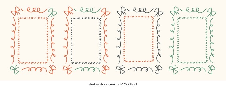 Hand Drawn frame set with doodle bows, ribbons. Whimsical line borders for birthday, christmas, wedding Invitations. Coquette bow set. Vintage minimalist elements in trendy line art style. Vector illu