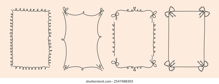 Hand Drawn frame set with doodle bows, ribbons. Whimsical line borders for birthday, christmas, wedding Invitations. Coquette bow set. Vintage minimalist elements in trendy line art style. Vector illu