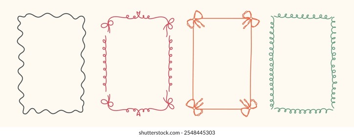 Hand Drawn frame set with doodle bows, ribbons. Whimsical line borders for birthday, christmas, wedding Invitations. Coquette bow set. Vintage minimalist elements in trendy line art style. Vector illu