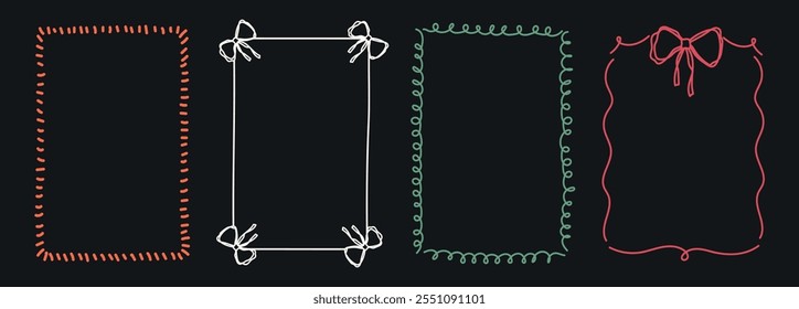 Hand Drawn frame set with doodle bows, ribbons. Whimsical line borders for birthday, christmas, wedding Invitations. Coquette bow set. Vintage minimalist elements in trendy line art style. Vector illu