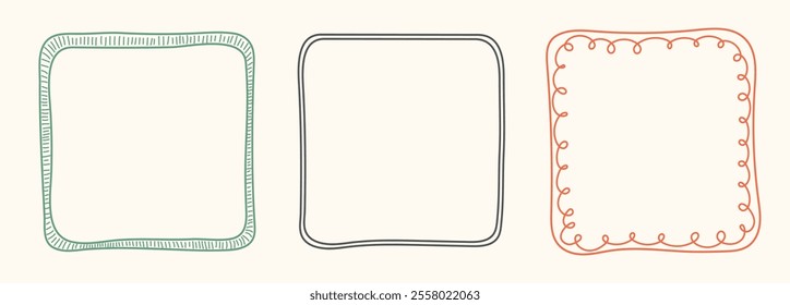 Hand Drawn frame set with doodle squares, ribbons. Whimsical line borders for birthday, christmas, menu, wedding Invitations, photo. Coquette vintage minimal elements in trendy line art style. Vector