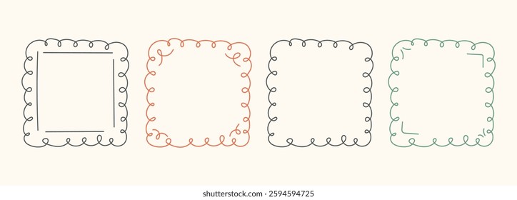 Hand Drawn frame set with doodle squares, ribbons. Whimsical line borders for birthday, christmas, menu, wedding Invitations, photo. Coquette vintage minimal elements in trendy line art style. Vector