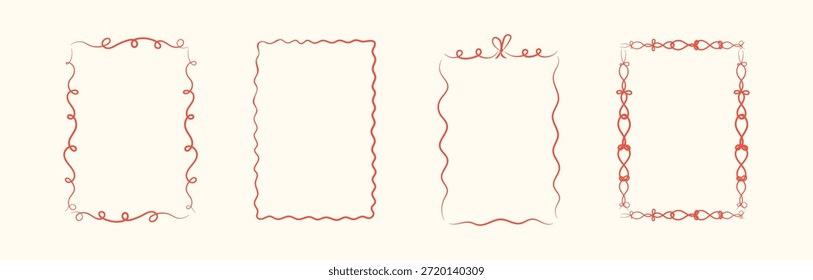 Conjunto de marco dibujado a mano con arcos doodle, cintas. Fronteras de línea caprichosas para cumpleaños, Navidad, boda. Conjunto de lazo Coquette. Elementos minimalistas de Antiguas en estilo de arte de línea de moda. Ilustración vectorial.