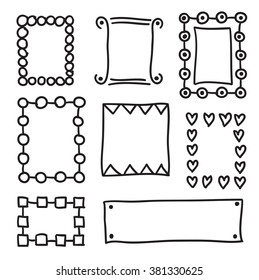 Hand drawn frame set vector icons illustration artistic with little hearts, circles and squares
