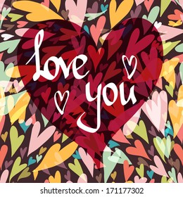 Hand drawn frame in shape of heart with hearts seamless pattern on background. Stylish Happy Valentines Day Card Design. 14 February.