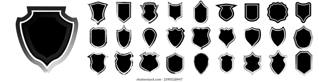 Hand drawn frame shields policeman badge set vector. Illustration of security black labels. Shield blank emblems, military shields silhouettes
