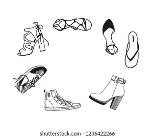 Hand drawn frame with Shoes. Wear Vector background. Actual fashion illustration. Original doodle style drawing. Creative ink art work