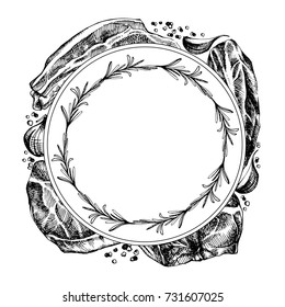 Hand drawn Frame with sketch meat. detailed ink food illustration. Steak meat hand drawing with pepper and rosemary, garlic. 