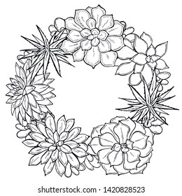 Hand drawn frame of succulents on a white background. Flowers in the desert. Vector illustration. Perfect for coloring book, invitation,greeting card, print.