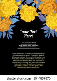 Hand Drawn frame for text with peony flowers and herbs vintage floral elements. Yellow and blue decore on Black background