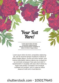 Hand Drawn frame for text with peony flowers and herbs vintage floral elements. Red and green decore on White background