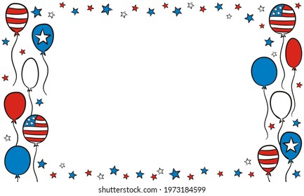 Hand drawn frame for USA Independence Day. Template by July 4th in national colors of the United States of America. Vector illustration for kids poster design in doodle style.