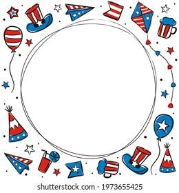 Hand drawn frame for USA Independence Day. Template by July 4th in national colors of the United States of America. Vector illustration for kids poster design in doodle style.