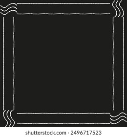 Hand drawn frame. Wavy white lines. Black background. Simple vector.