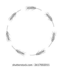 Hand drawn frame of wheat or rye ears. Vector autumn floral wreath on isolated background. Organic doodle border.