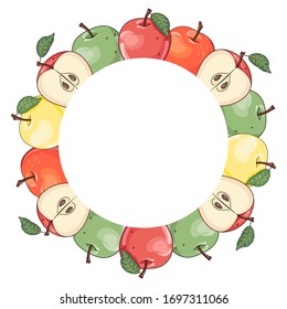 Marco dibujado a mano con frutas enteras, medias, cortadas y rebanadas de manzana. Dibujo vectorial de concepto redondo con espacio de copia para tarjeta, banner, etiqueta, paquete, publicidad o afiche.