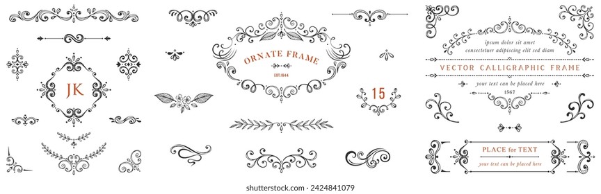 Hand drawn frames and banners. Classic calligraphy swirls, swashes, floral motifs. Good for greeting cards, wedding invitations, restaurant menu, royal certificates and graphic design.