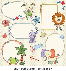 Hand drawn frames, banners with toy animals. Seamless background.