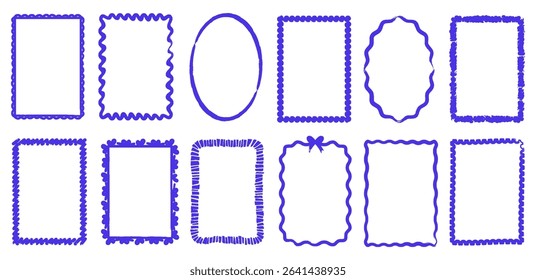 Hand drawn frames by paint brush or chalk. Wavy borders stamp decoration for greeting cards wedding or birthday invitations in marine sea style