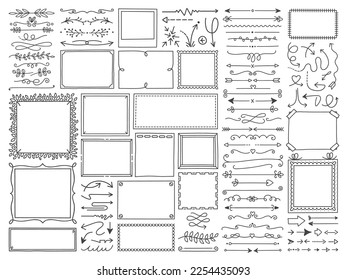 Hand drawn frames and decoration elements set. Cartoon style. Full Vector Illustration
