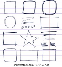 Hand drawn frames and dividers. Frames and lines drawn by pen and brush. Round, square and rectangular frames. Strokes and small hand drawn elements.
