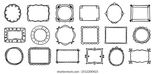 Hand drawn frames. Doodle black simple picture border and label. Sketch vintage outlines oval, square, rectangle grunge ornate photo frame. Vector collection.