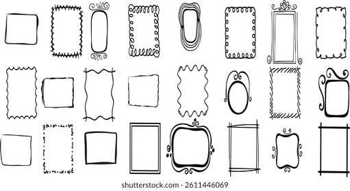 Hand drawn frames. Doodle black simple picture border and label.