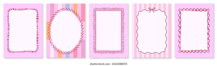 Hand drawn frames with doodle lines on vertical backgrounds, pink borders template for banner, poster, cover, wedding invitation, ads, wallpaper, birthday card