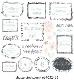 Hand drawn frames, flowers, floral dividers and design elements. Vector illustration.