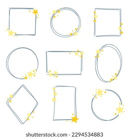 Hand drawn frames with golden stars set. Collection of doodle wreaths, rims with stardust for invitations, postcards and design. Festive shapes with copy space, vector illustration