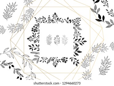 Hand drawn frames with herbs and leaves. Geometric and floral background. Wedding borders.