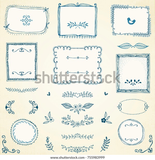 Hand drawn frames, labels, flowers,\
floral dividers and design elements. Vector\
illustration.