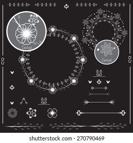 Hand drawn frames and laurels. Set of decorating for cards and wedding invitations. Can use as page decoration. On black background. Eps 8