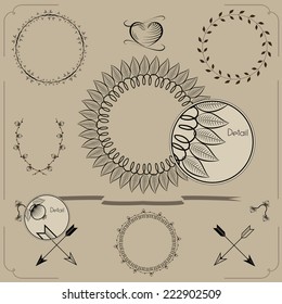 Hand drawn frames and laurels. Vintage curl ornamental elements that can be used as a page decoration. Hand drawn design