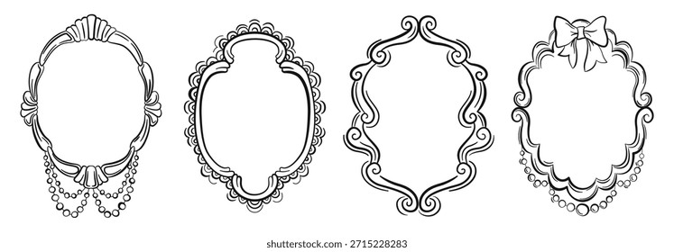 Marcos dibujados a mano en estilo victoriano antiguo retro. Lujoso, accesorio femenino, joyería, marcos con bordes decorativos. Elementos de coqueta de Antiguas para tarjetas de felicitación, bodas, invitaciones. Ilustración vectorial aislada