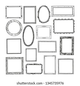 Hand drawn frames set. Cartoon style rectangle, oval, square and round frames. Vector design.
