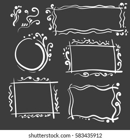 Hand drawn frames set. Cartoon vector square and round borders. Pencil effect shapes isolated.