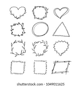 Hand drawn frames set. Circles, hearts, triangles, rectangles.