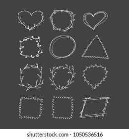 Hand drawn frames set. Circles, hearts, triangles, rectangles.