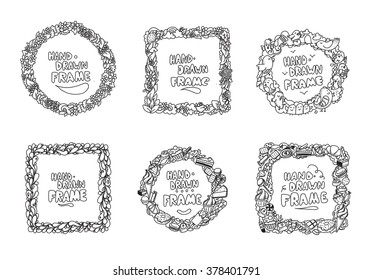 Hand drawn frames set. Usable for greeting cards, scrapbooking, photos and quotes. Frames with flowers, sweets, bubbles and birds. Vector illustration. Black and white colors.