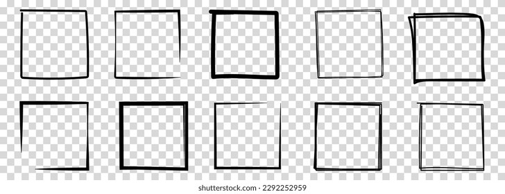 Hand drawn frames of squares. Vector illustration isolated on transparent background