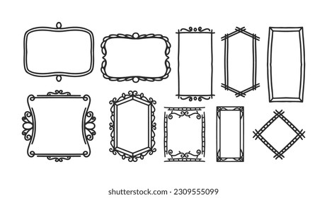 Hand drawn frames vector. Vintage doodle sketch picture frame, illustration Blank black square, cadre rectangle label elegant sketches line, isolated on white background.